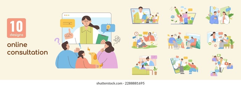 Online consultation and support flat illustration collection. Including family, one-on-one, relationship, children, teenager, health and wellness consultation isolated on light yellow background