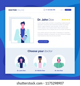 Online consultation support web service doctor characters set,app screen,landing page template,healthcare medicine concept.Ready to use Medical team avatars,banners,buttons-chat now,sign up,login