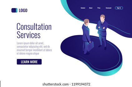 Online consultation, two men talking, to have a dialog, teamwork process isometric icon vector