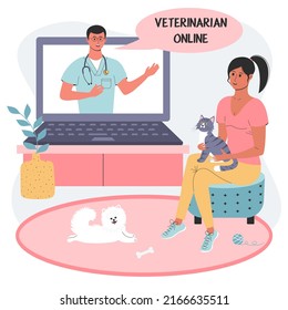 Online consultation using laptop with veterinarian. Female patient with a cat and spitz dog. Healthcare technologies, animal hospital. 