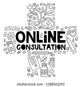 Online consultation vector illustration. Doodle with lettering in a cross medicine shape