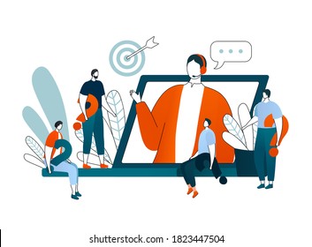 Online consultation, vector illustration. Video conference. Businesswoman online consulting. Telecommunication concept. Web consultant in computer screen, professional help service and support.