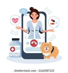 Online consultation of a veterinarian. Modern medical technologies, online call, mobile application. A female veterinarian treats a dog. Animal hospital. Vector illustration