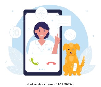 Online consultation with a veterinarian for pets. Female veterinarian treats an animal. Medical diagnostics of animals. Vector illustration