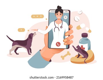 Online consultation with a veterinary doctor. Treatment of pets. At the vet doctor's appointment. Vet service. Flat vector illustration