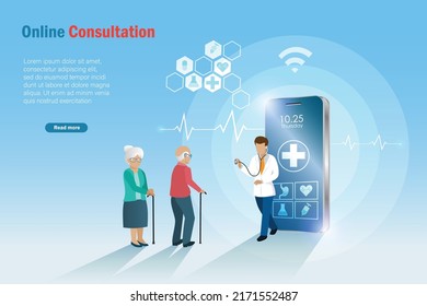 	
Online Consultation, Virtual Doctor For Elderly. Doctor On Smartphone Health Care App Diagnosis Senior Couple Health Problem. Medical And Healthcare Innovation Technology, Healthy Aging Concept.