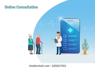 Online Consultation, Virtual Doctor For Elderly. Doctor On Smartphone Examining Senior Couple Health Problem. Medical And Healthcare Innovation Technology, Healthy Aging.