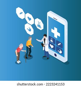 Online consultation, virtual doctor for elderly isometric 3d vector illustration concept for banner, website, illustration, landing page, flyer, etc.