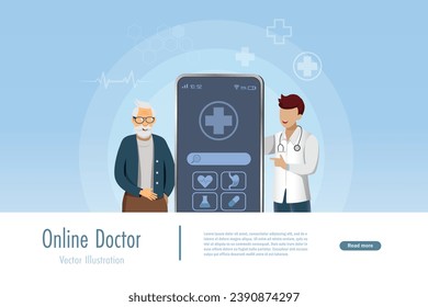 Online consultation, virtual doctor for elderly. Doctor examining senior man health via smartphone medical app. Medical and healthcare innovation technology for aging people. Vector.