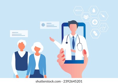 Online consultation, virtual doctor for elderly. Doctor examining senior couple health. Medical and healthcare innovation technology vector illustration  - Powered by Shutterstock - Get 15% off with code: PIKWIZARD15