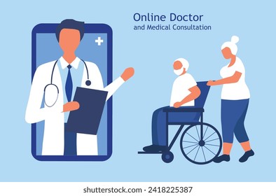 Online consultation, virtual doctor for elderly. Doctor examining senior couple health. Medical and healthcare innovation technology vector illustration 