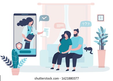 Online consultation,recommendations of a physician. Prenatal medicine. Medical app on smartphone. Internet chat. Cute pregnant woman with husband in home and doctor. Living room interior.Vector