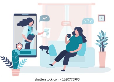 Online consultation,recommendations of a physician. Prenatal medicine,famale characters. Medical app on smartphone. Internet chat. Cute pregnant woman in home and doctor. Living room interior. Vector