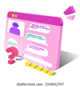 Online consultations, call center, technical support. 3d model of a computer screen showing a technical support chat. Vector graphics on a white background