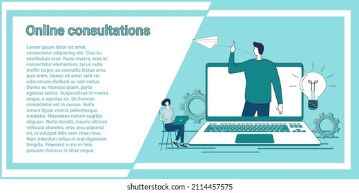 Online Consultations.Medical, Business Consultations Via Video Transmission.An Illustration In The Style Of A Green Landing Page.