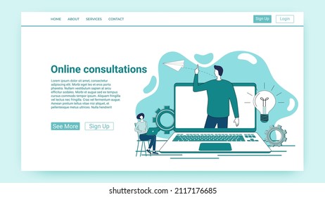 Online Consultations.Medical, Business Consultations Via Video Transmission.An Illustration In The Style Of A Green Landing Page.