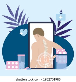 Online consulted by chiropractor, using smartphone and camera. Chiropractor back treat hurt spine, vector manual online treatment and rehabilitation after injury of back illustration