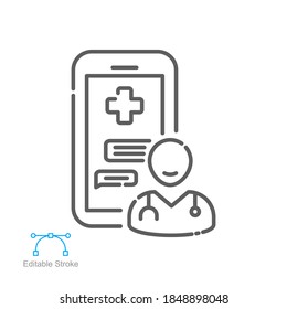 Online Consulting Icon. Online Phone Medical Help For Health Consultation, Emergency Telephone. Telemedicine. Line Pictogram. Editable Stroke Vector Illustration. Design On White Background. EPS 10