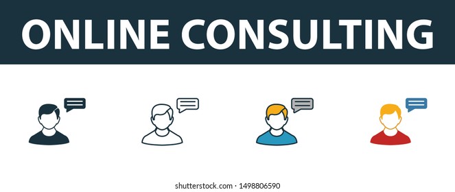 Online Consulting icon set. Four elements in diferent styles from online marketing icons collection. Creative online consulting icons filled, outline, colored and flat symbols.