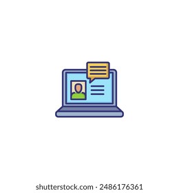 Icono de línea de consultoría en línea. Operador y burbuja de voz en la pantalla del portátil. Concepto de tecnología de Internet. Se puede utilizar para temas como Asistencia al cliente, webinar, conferencia en línea
