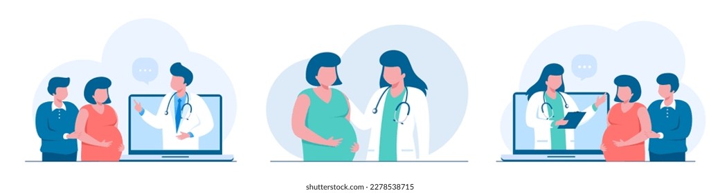 Consultar en línea a mujeres embarazadas con su marido, concepto de maternidad, atención médica, doctor. Ilustración vectorial en estilo plano