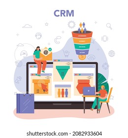 Online-Beratung oder Plattform. Idee von Strategiemanagement und Fehlerbehebung, Forschung und Empfehlung. Online-CRM. Flache Vektorgrafik