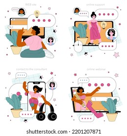 Online consulting online service or platform set. Online customer support and recommendations. Special expertise, guidance to clients. Online support, contacts, webinar, website. Vector illustration