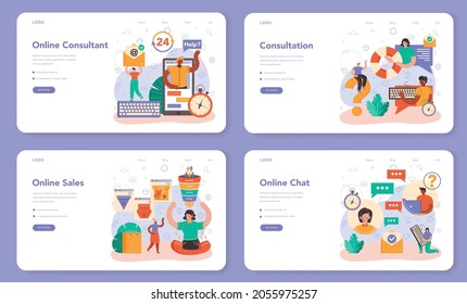 Online consulting service web banner or landing page set. Idea of strategy management and troubleshooting, research and recommendation. Isolated flat vector illustration