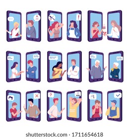 Online Consulting Set, Mobile Chatting or Conversation of People via Smartphones, Text Bubbles on Screens of Two Mobile Phones Facing Each Other Flat Vector Illustration