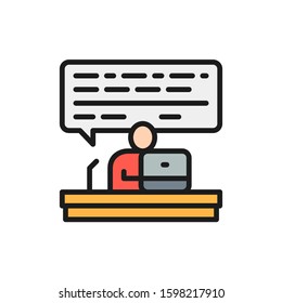 Online consulting, training at home, web education flat color line icon.