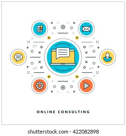 Online consulting. Vector thin line business concept. Flat style illustration for website banner or promotional materials. Line icons and design elements