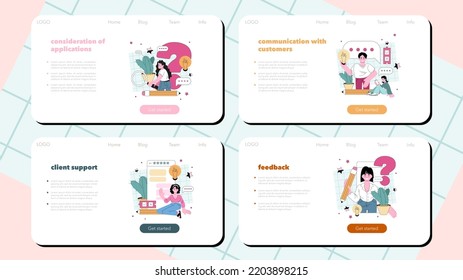 Online consulting web banner or landing page set. Online customer support and recommendations. Special expertise, guidance to clients over digital platforms. Flat vector illustration