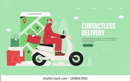 Online contactless delivery package tracking service for commercial and private interests web banner or landing page. Courier on scooter delivering presents or gifts to client for christmas, new year.