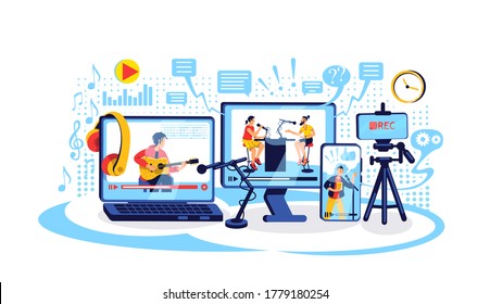 Online content creation flat concept vector illustration. Video tutorial. Vloggers and bloggers 2D cartoon characters for web design. Internet entertainment and e learning creative idea