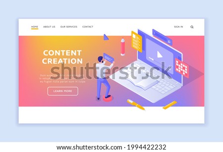 Online content creation. Male blogger uploads new web videos to his channel. Optimization of marketing information. Creative attracting new subscribers. Vector isometric home page template