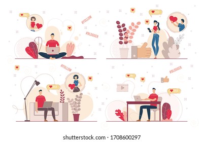 Online Content Creator, Popular Blogger Fan, Vlogger Audience Character Set. Men and Women Subscribing to Blogger Channel, Liking, Commenting, Sharing Video in Internet Trendy Flat Vector Illustration