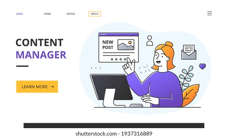 Online Content manager presenting a new post or article as she works at her desk in an office, colored vector illustration website landing page template