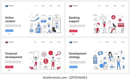 Online content, mobile banking application support and update, financial development strategy and payment set vector illustration. Cartoon tiny people work in customer service for bank account