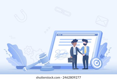 Online contract and agreement deals. Agreement and sign electronic legally binding documents. Management contract, buy, sell, rent, borrow. Flat vector design illustration.