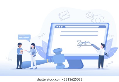 Online contract concept. Agreement and sign electronic legally binding documents. Management contract, buy, sell, rent, borrow. Flat vector design illustration.