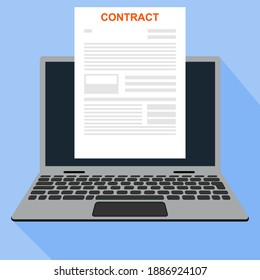 Online contract. Contract document on laptop background. Vector, cartoon illustration. Vector.