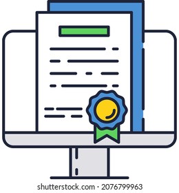 Online Contract Icon Flat Vector Digital Document With Seal. Legal Business Statement Agreement. Electronic File On Computer Screen. Web Certificate Or License With Stamp