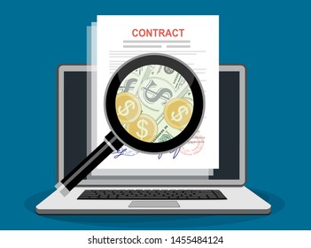 Online Contract inspection concept vector illustration in flat design. contract with a magnifying glass, and money.