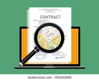 Online Contract inspection concept vector illustration in flat design. contract with a magnifying glass, and money