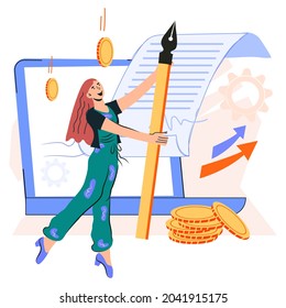 Online contract signing concept with business woman cartoon character. Electronic contract or digital signature, online agreement conclusion, flat vector illustration isolated on white background.