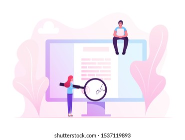 Online Contract Signing Concept. Tiny Woman Reading Document with Digital Signature on Huge Pc Screen through Huge Magnifying Glass. Man with Laptop Sitting on Monitor Cartoon Flat Vector Illustration