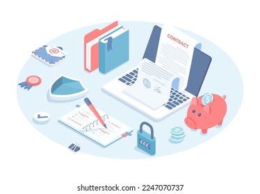 Online contract signing. Digital law, smart contract, electronic license. Partnership Agreement Deal Vector illustration in 3d design. Isometric web banner.	
