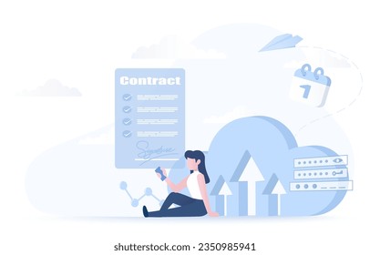 Online contract and signing signature concept. Electronic legal document, protect cloud computing contract letter. Access account by enter password. Flat vector design illustration.