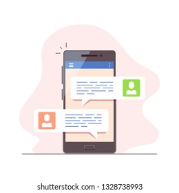 Online conversation concept. Pictire of mobile phone with chat message notifications. Mobile messenger. Flat style illustration.