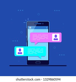 Online conversation concept. Pictire of mobile phone with chat message notifications. Mobile messenger. Flat style illustration.